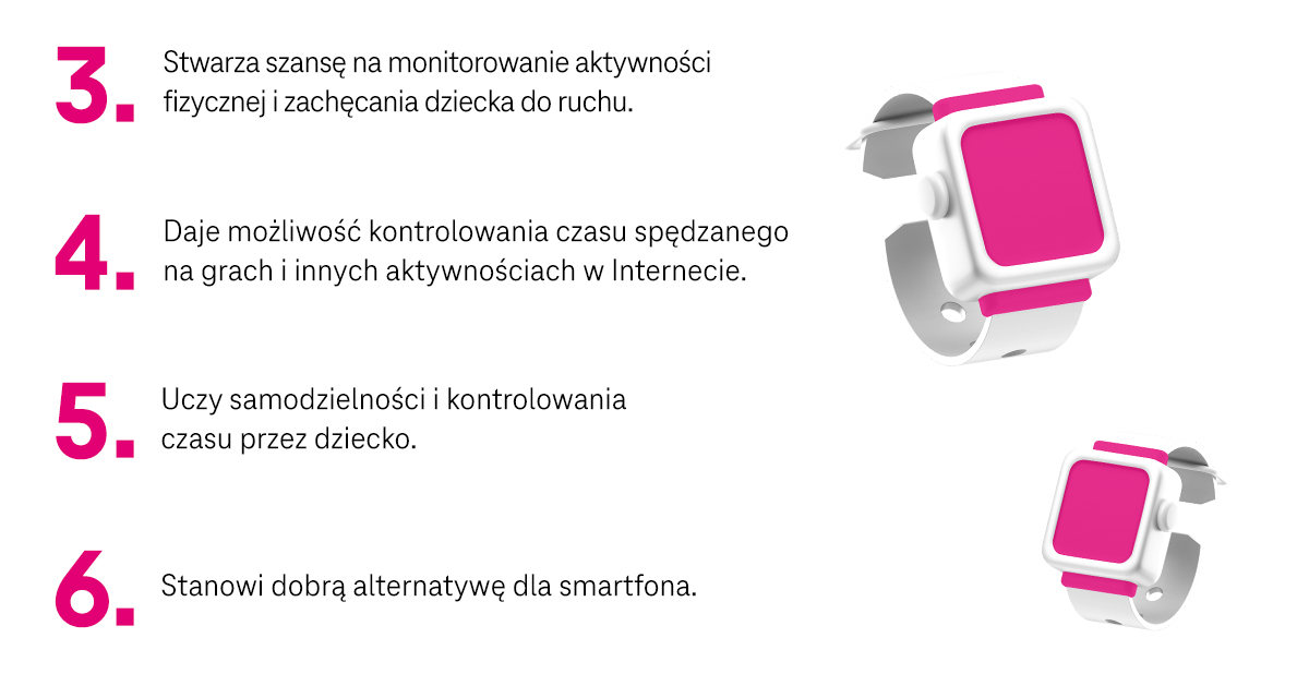 Smartwatch dla dziecka - korzyści dla rodzica - monitorowanie aktywności fizycznej, kontrola czasu spędzanego na graniu/w internecie, samodzielność dziecka, alternatywa dla smartfona - infografika, część 2