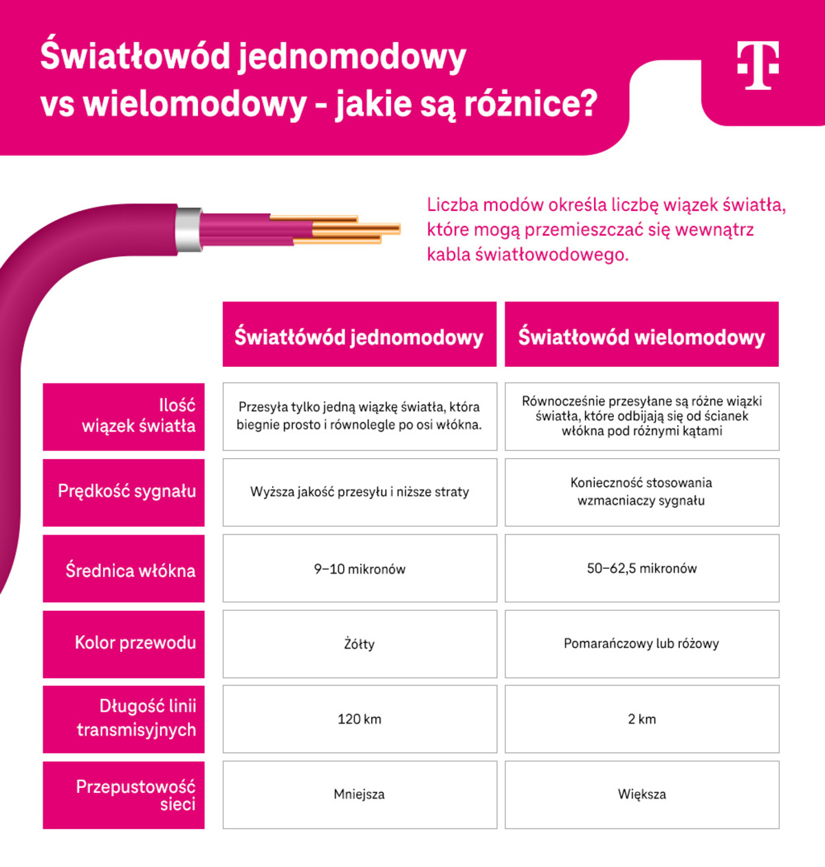 Światłowód jednomodowy vs wielomodowy - różnice - ilość wiązek światła i prędkość sygnału - infografika