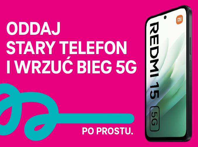 telefon Xiaomi Redmi 15 5G pokazany pod skosem, obok niego napis oddaj stary telefon i wrzuć bieg 5G