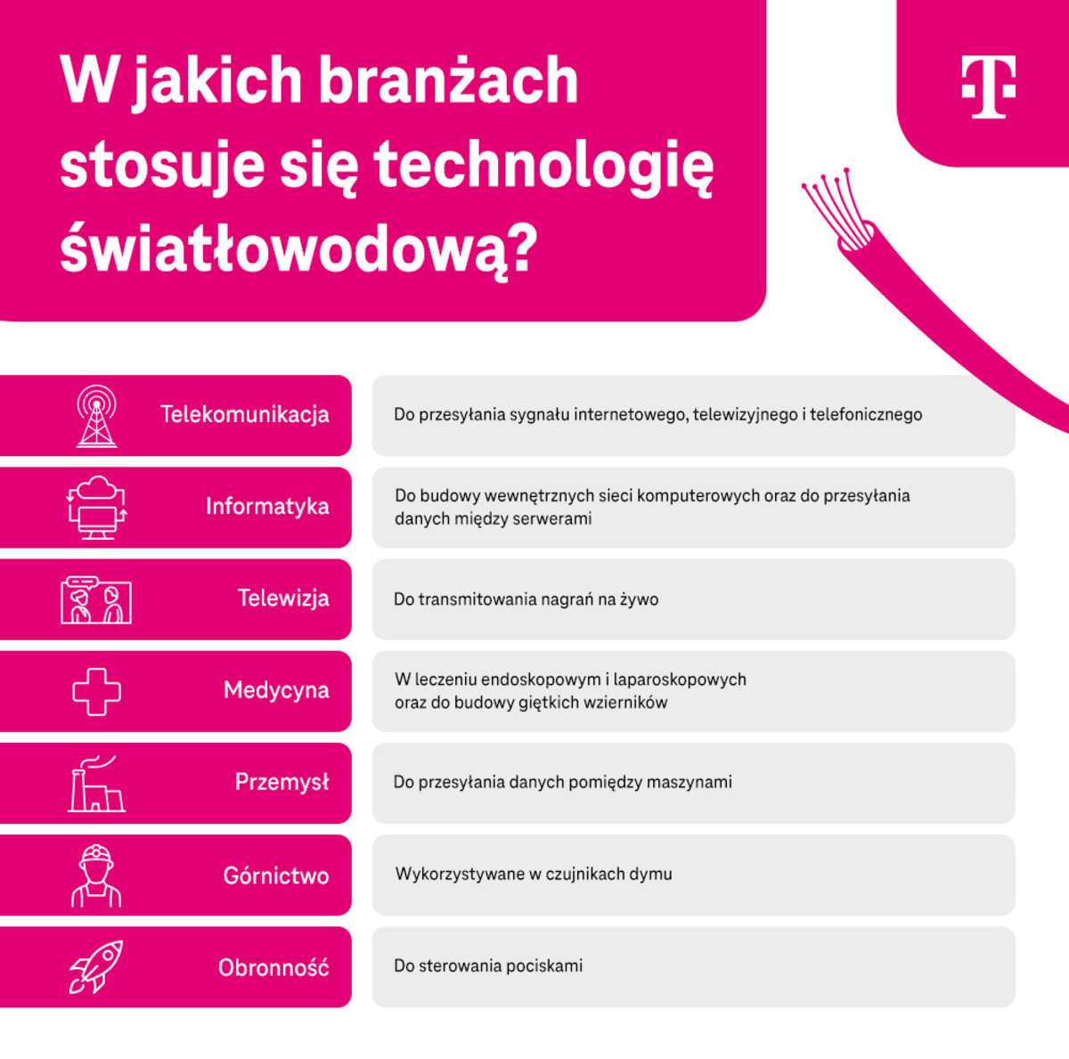 Światłowód w różnych branżach - telekomunikacja, informatyka - infografika