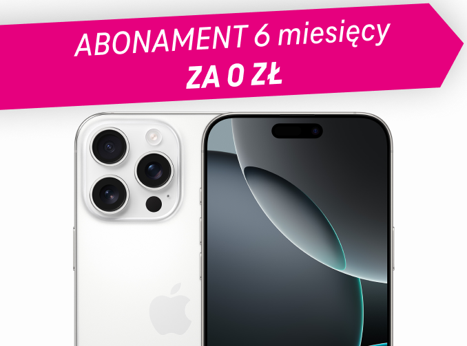telefon apple iphone 16 pro a nad nim teskt w magentowej strzłce Abonamnet 6 miesięcy za 0 zł