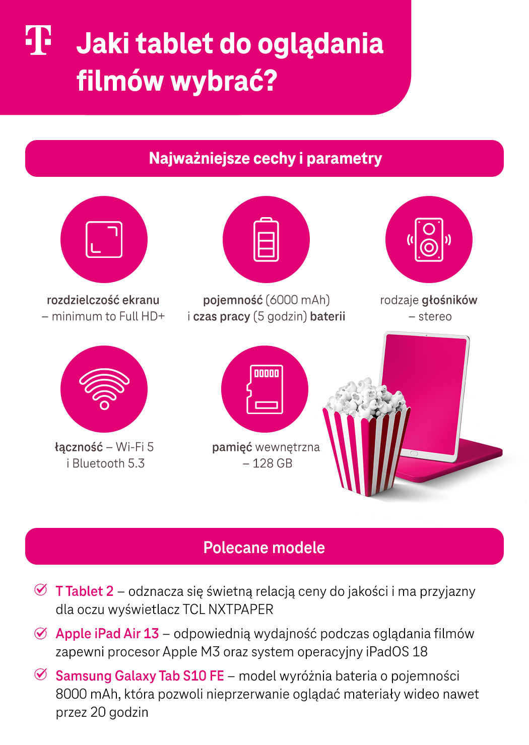 Jaki tablet do oglądania filmów wybrać? Lista parametrów - infografika