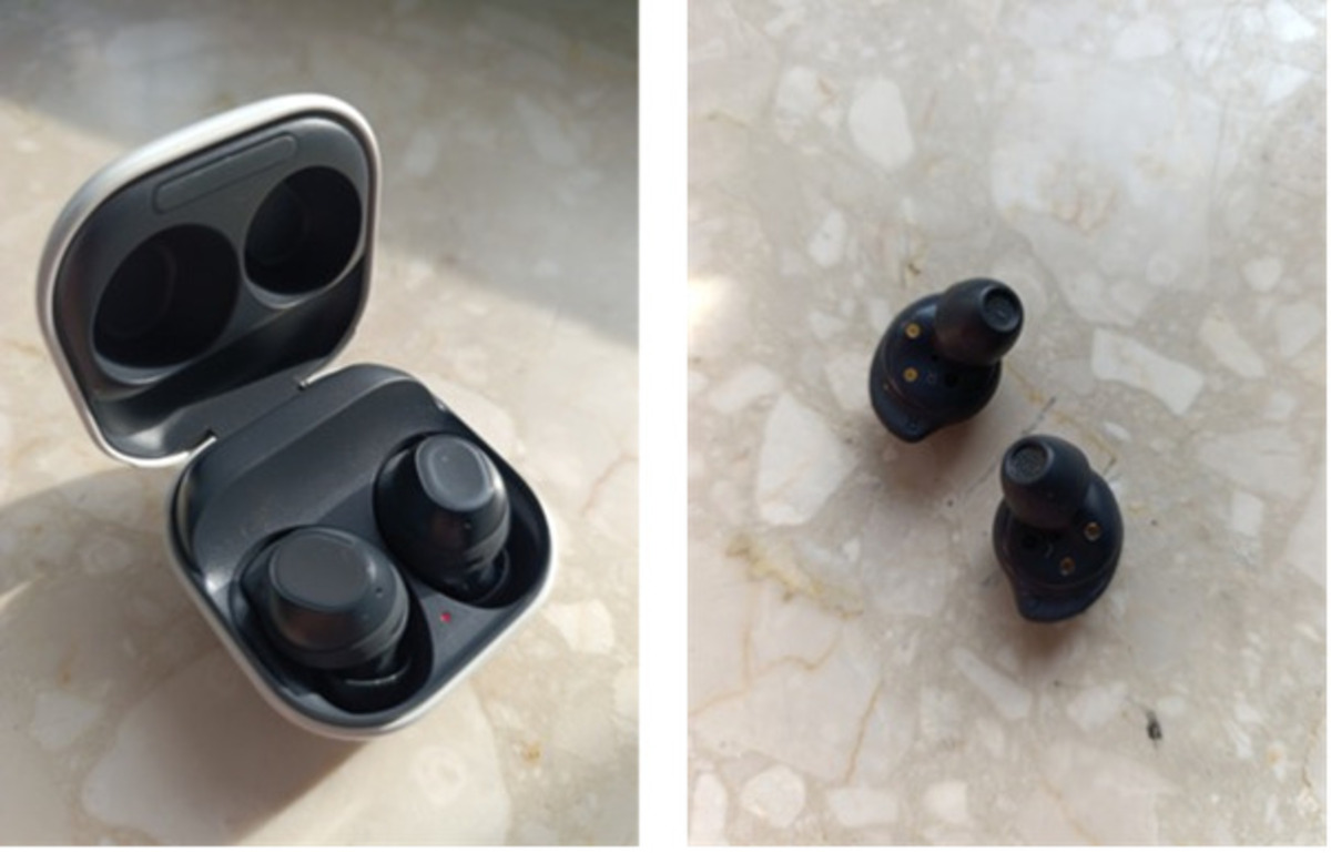 Słuchawki bezprzewodowe Samsungs Galaxy Buds FE - w case'ie i po wyjęciu z niego
