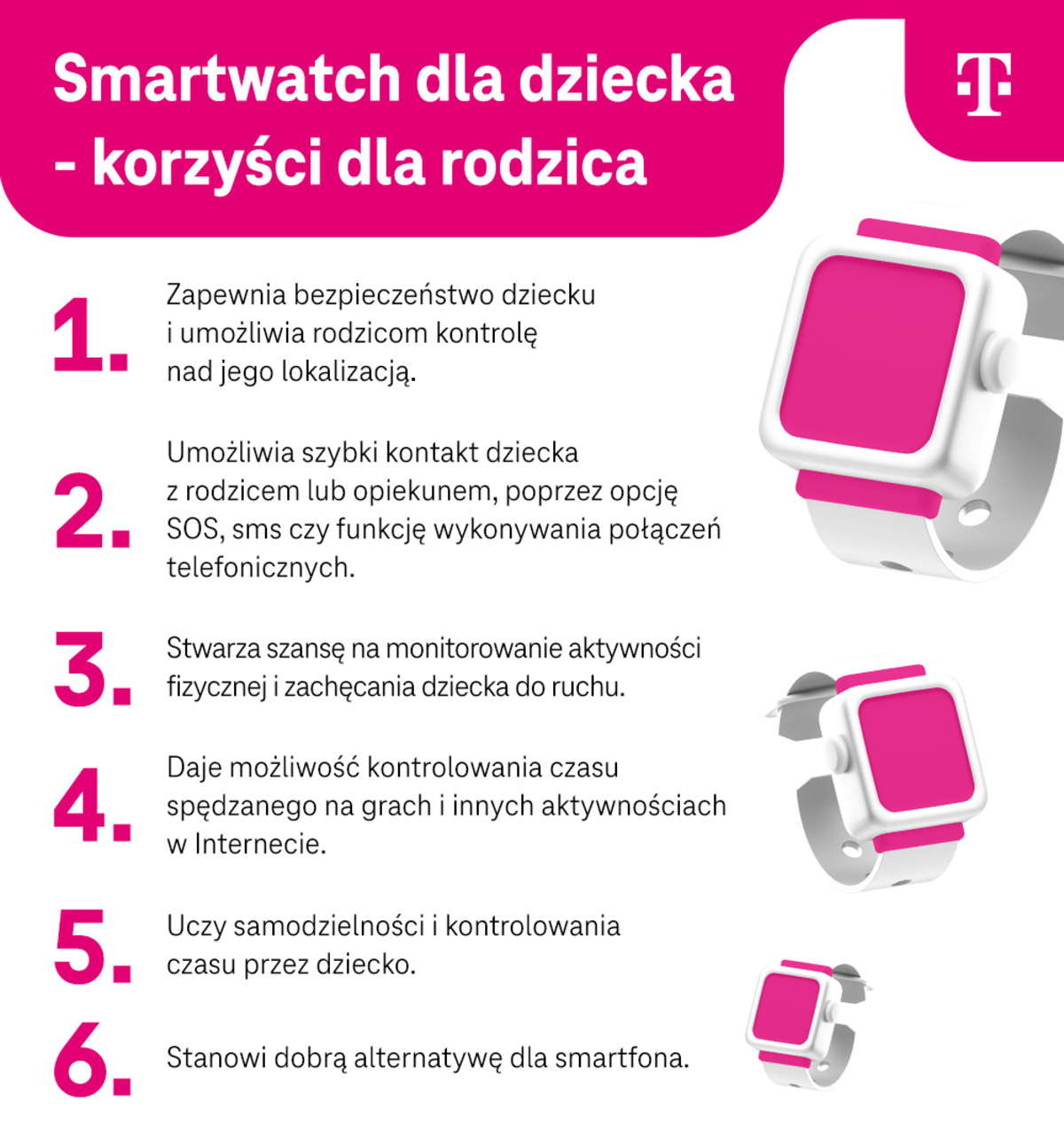 Smartwatch dla dziecka - korzyści dla rodzica - bezpieczeństwo dziecka, szybki kontakt z dzieckiem - infografika
