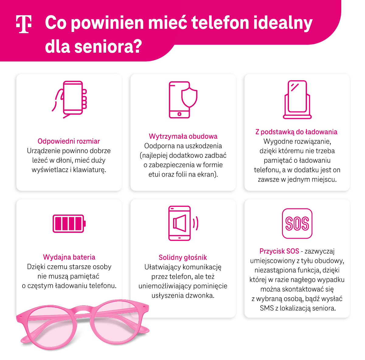 Telefon dla seniora - co powinien posiadać? Odpowiedni rozmiar, wytrzymała obudowa, podstawka do ładowania, wydajna bateria, solidny głośnik, przycisk SOS - infografika